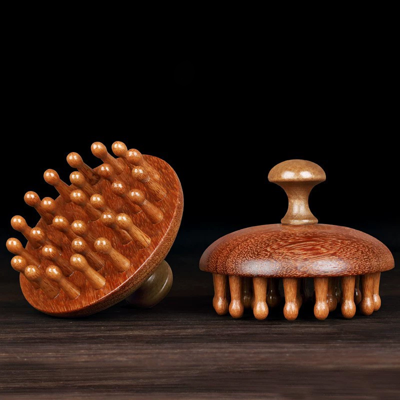 櫛 頭皮マッサージ 経絡刺激 血行促進 高級感 檀木製 丸型 28ピン ヘッド スカルプケア リフレッシュ リラックス