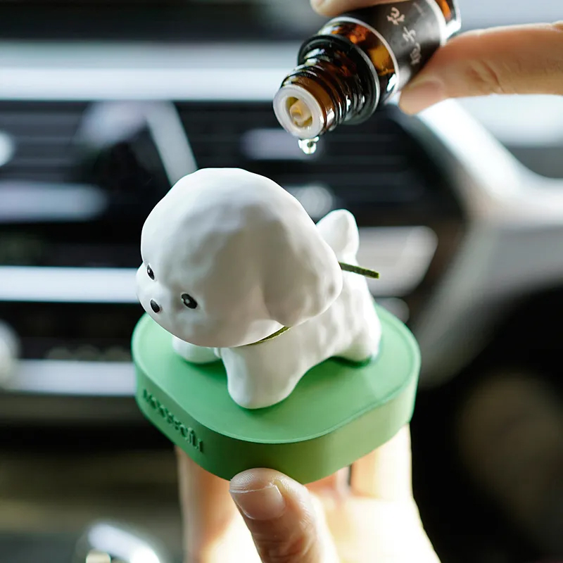 アロマストーン 子犬 石膏製 アロマオイル付き アロマディフューザー 癒しプレゼント 車載 犬 置物