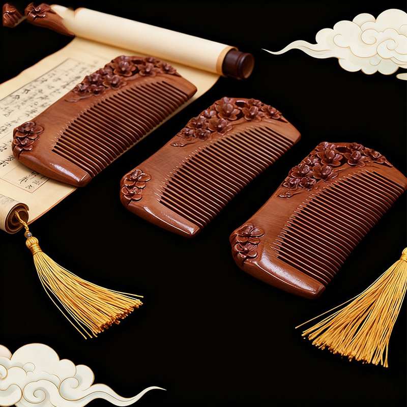 古典的な彫刻が施された桃の木の櫛 静電気防止 手彫り 携帯用 家庭用 古風な桃の木の櫛