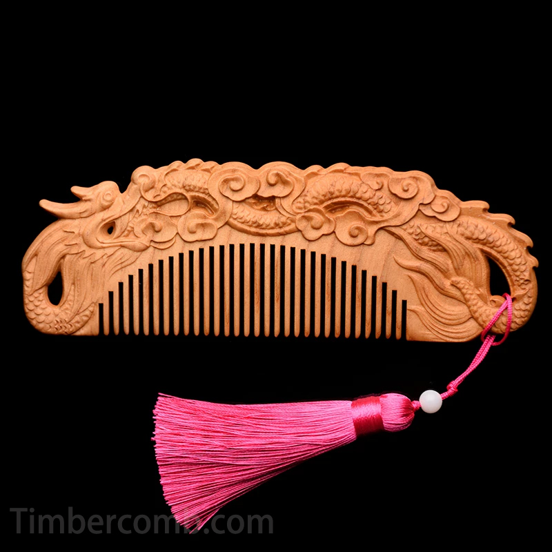 桃の櫛 ヘアブラシ モモノキ くし 木製櫛 龍 両面彫刻 お守り 静電気防止 美髪 頭皮マッサージ