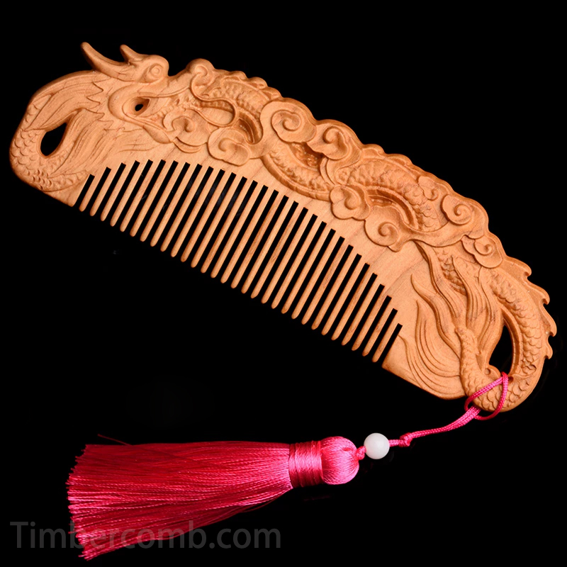 桃の櫛 ヘアブラシ モモノキ くし 木製櫛 龍 両面彫刻 お守り 静電気防止 美髪 頭皮マッサージ