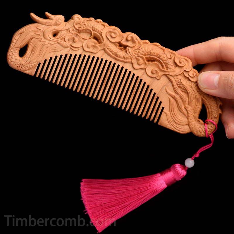 桃の櫛 ヘアブラシ モモノキ くし 木製櫛 龍 両面彫刻 お守り 静電気防止 美髪 頭皮マッサージ