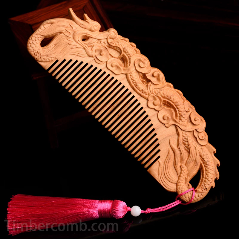 桃の櫛 ヘアブラシ モモノキ くし 木製櫛 龍 両面彫刻 お守り 静電気防止 美髪 頭皮マッサージ