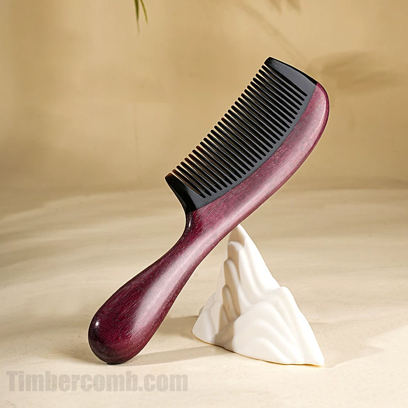 木の櫛 ヘアコーム 紫心木 天然木 天然牛角  手付き櫛 細歯 静電気防止 マッサージコーム 