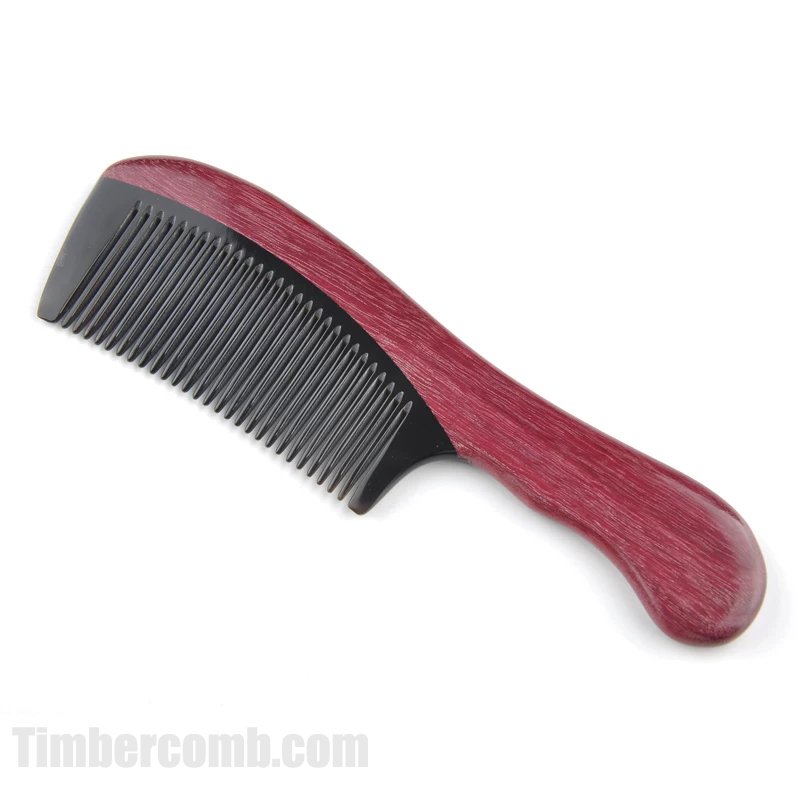 木の櫛 ヘアコーム 紫心木 天然木 天然牛角  手付き櫛 細歯 静電気防止 マッサージコーム 