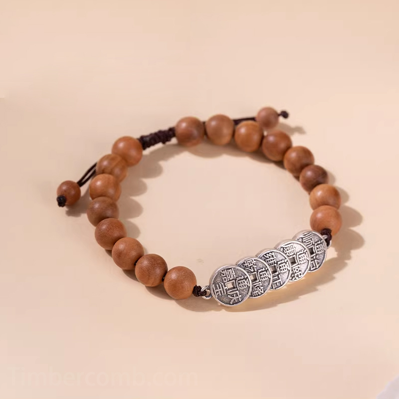 桃木ブレスレット 五帝銭 お守り ビーズサイズ8mm 木製 ブレスレット レディース おしゃれ腕輪ブレスレット