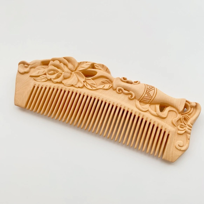 つげ櫛 ヘアコーム 彫刻 櫛 牡丹 両面彫刻 静電気防止 美髪 頭皮マッサージ 天然木 高級感