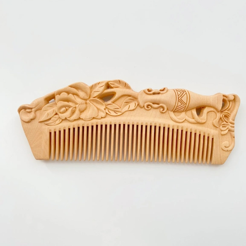 つげ櫛 ヘアコーム 彫刻 櫛 牡丹 両面彫刻 静電気防止 美髪 頭皮マッサージ 天然木 高級感