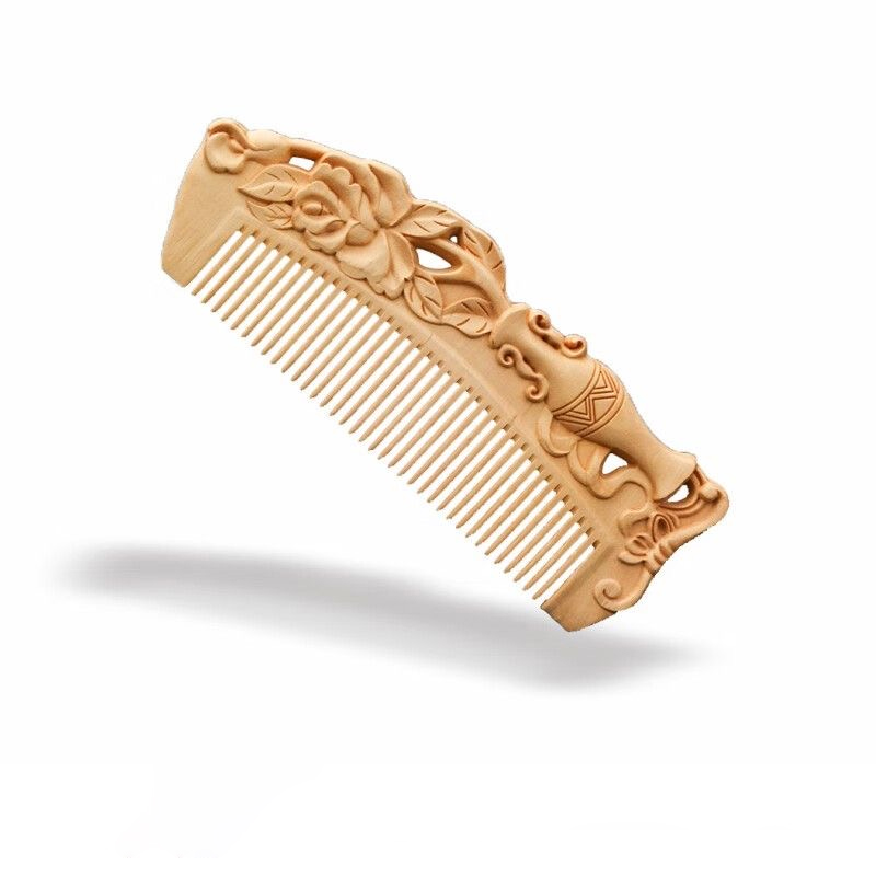 つげ櫛 ヘアコーム 彫刻 櫛 牡丹 両面彫刻 静電気防止 美髪 頭皮マッサージ 天然木 高級感
