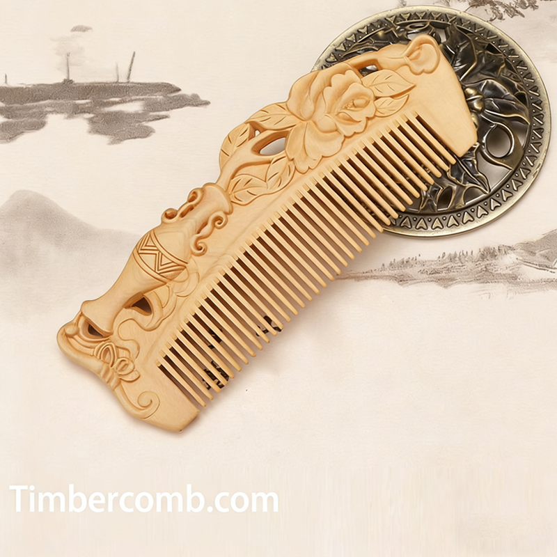 つげ櫛 ヘアコーム 彫刻 櫛 牡丹 両面彫刻 静電気防止 美髪 頭皮マッサージ 天然木 高級感