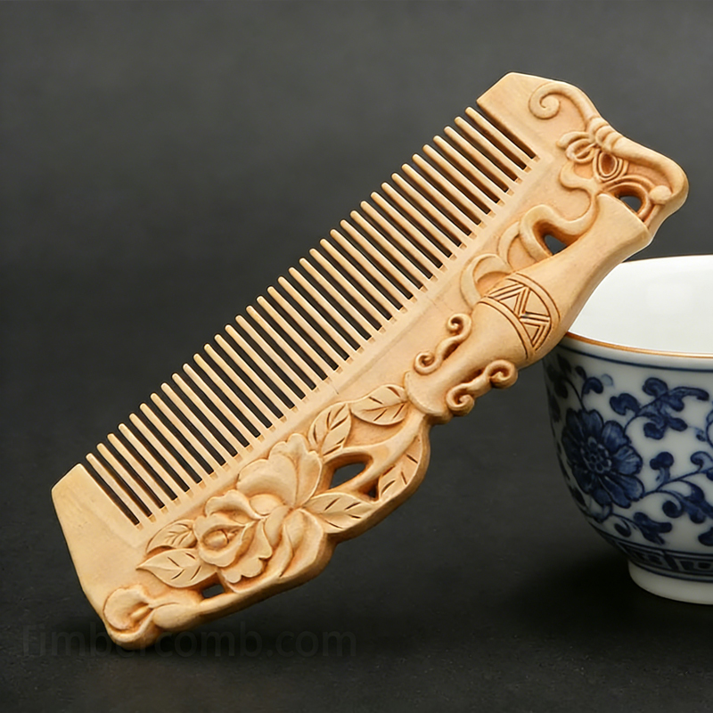 つげ櫛 ヘアコーム 彫刻 櫛 牡丹 両面彫刻 静電気防止 美髪 頭皮