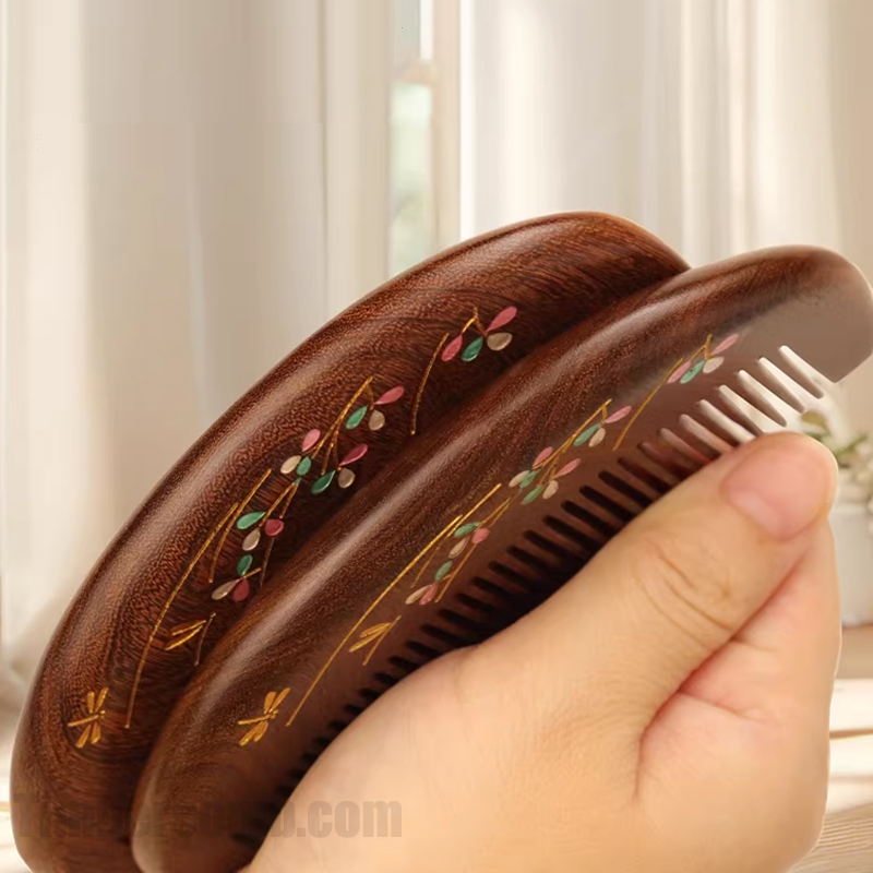 高級檀木櫛 木の櫛 くし 花 抜け毛防止 静電気防止 美髪 頭皮マッサージ 天然木