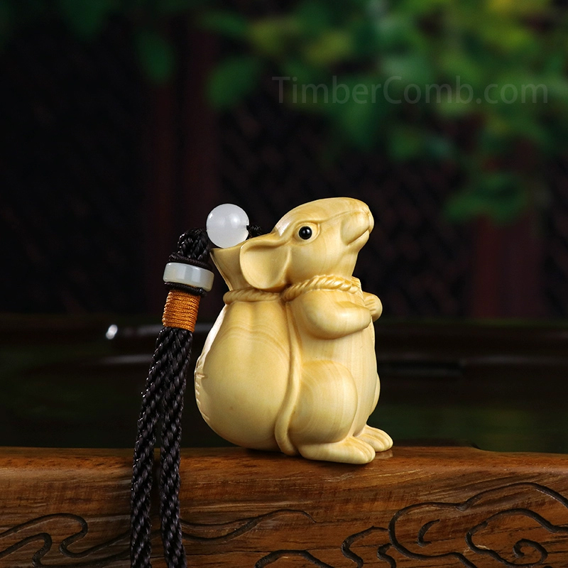 つげ木彫りネズミ 手遊び用携帯アイテム - 干支の子（ネズミ）車キーホルダーチャーム-木彫り高級人気専門店