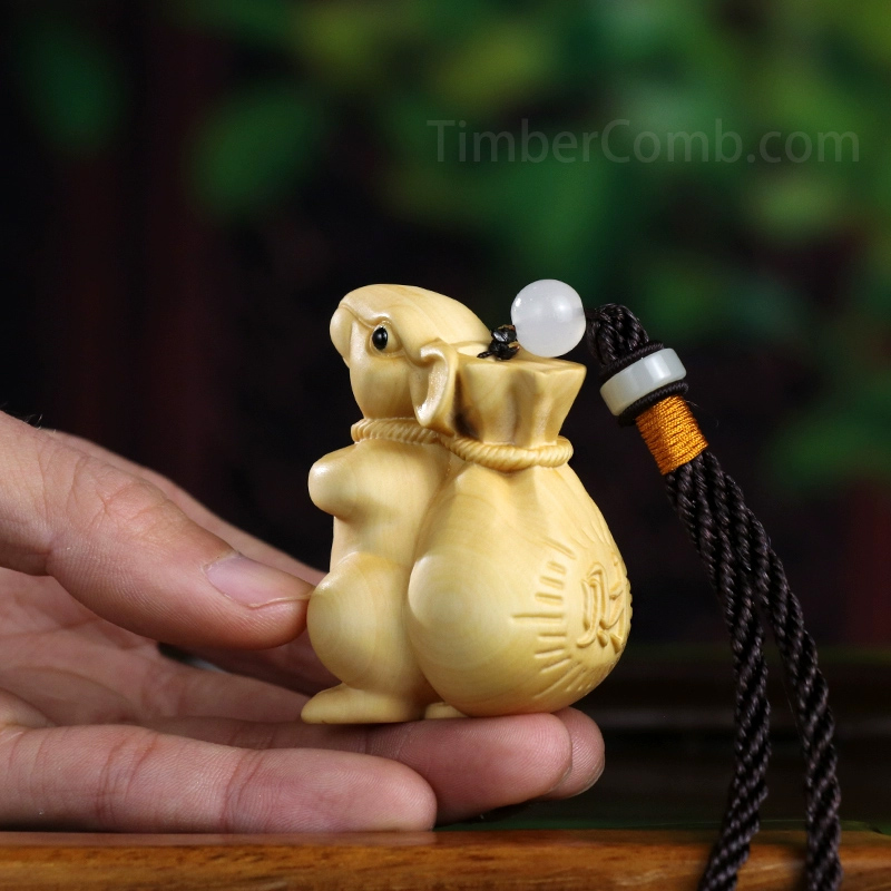 つげ木彫りネズミ 手遊び用携帯アイテム - 干支の子（ネズミ）車キーホルダーチャーム-木彫り高級人気専門店