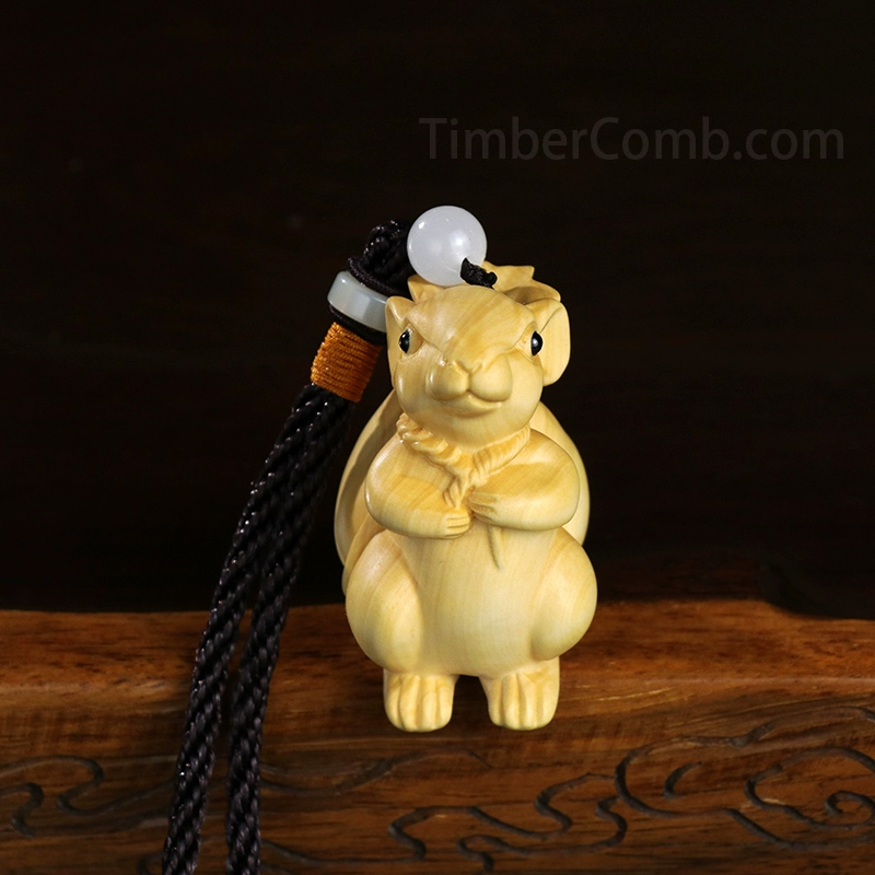 つげ木彫りネズミ 手遊び用携帯アイテム - 干支の子（ネズミ）車キーホルダーチャーム-木彫り高級人気専門店