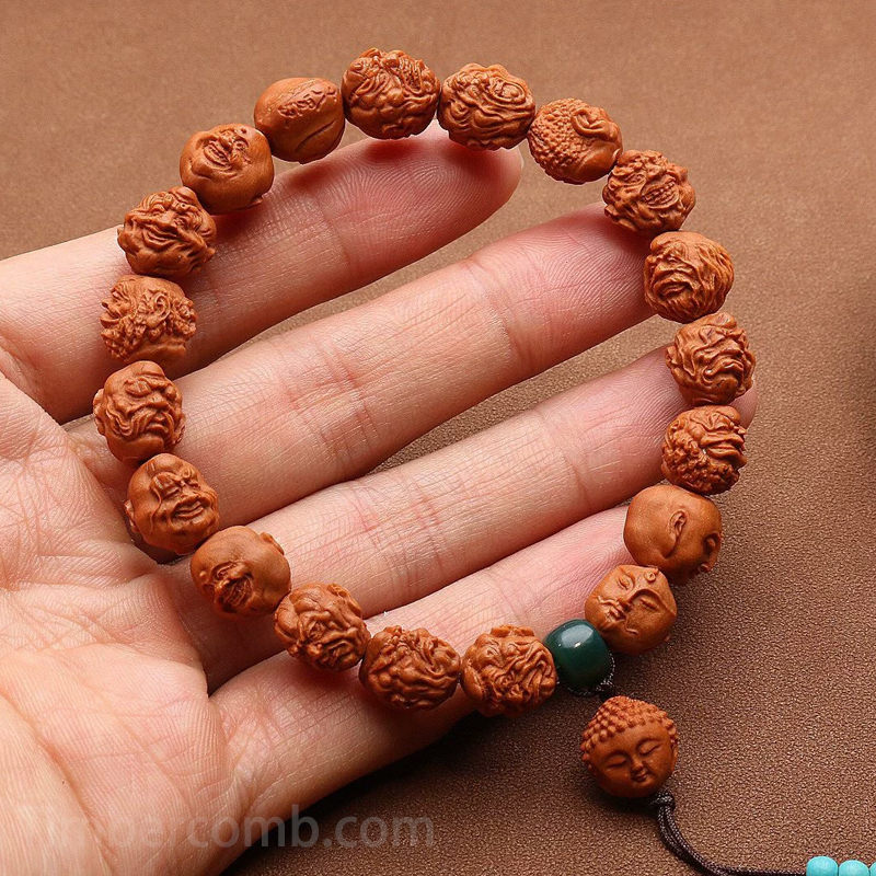 天然木数珠ブレスレット 十八羅漢 メンズレディース お守り 念珠ブレスレット 魔除け 手作り彫刻