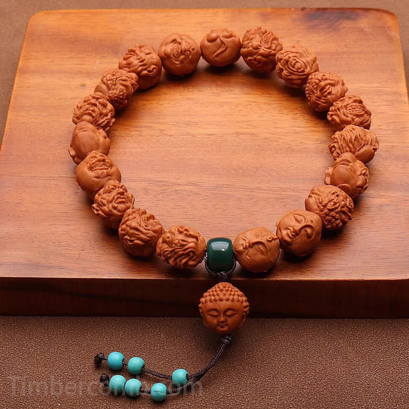 天然木数珠ブレスレット 十八羅漢 メンズレディース お守り 念珠ブレスレット 魔除け 手作り彫刻