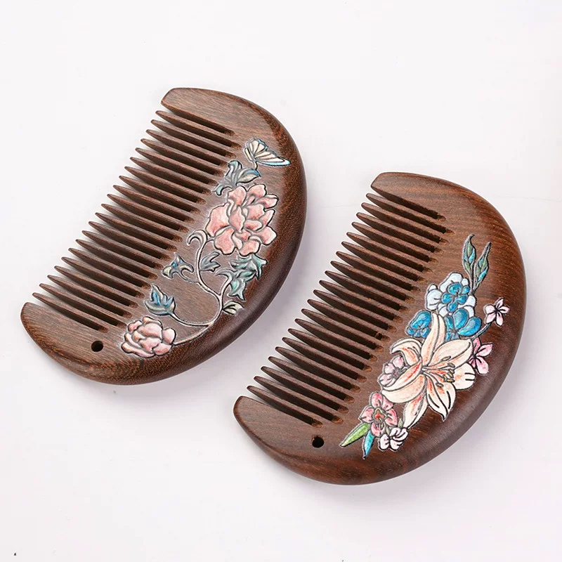 檀木櫛 携帯用 木の櫛 絵付き お守り 静電気防止 美髪 豊富なデザイン メンズレディース コンパクト