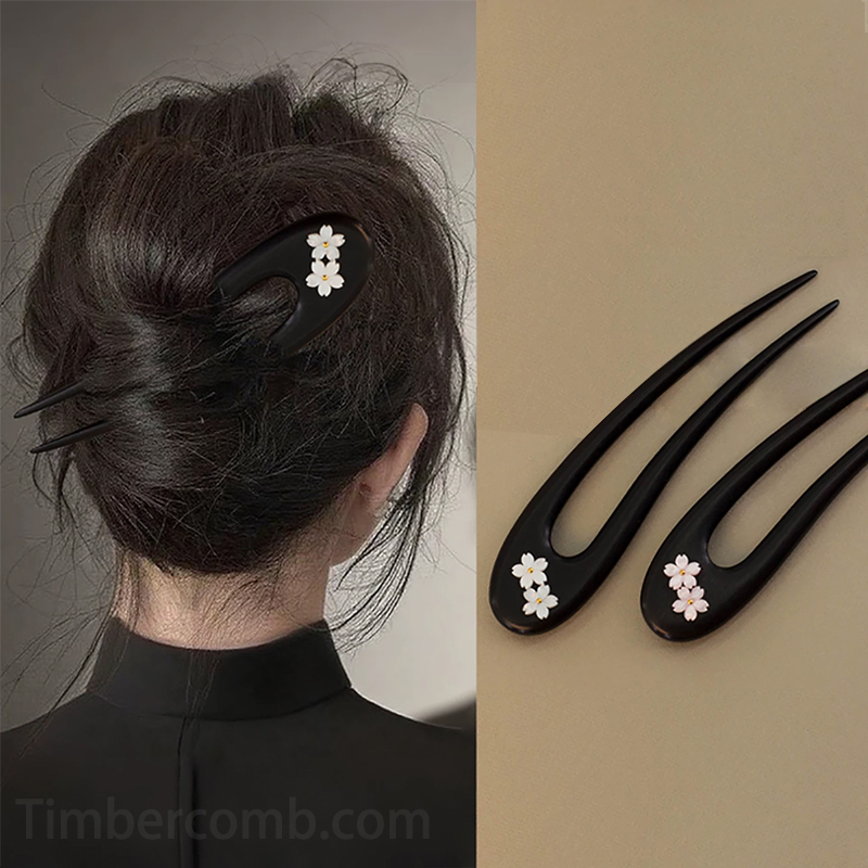 黒檀木製 u 字型かんざし 桜の花飾り 天然木 手作り 和風髪飾り 着物・浴衣・成人式に最適 上品ヘアアクセサリー