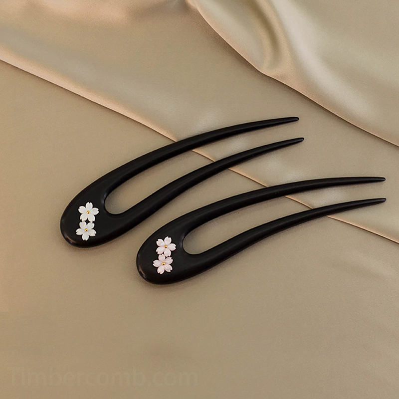 黒檀木製 u 字型かんざし 桜の花飾り 天然木 手作り 和風髪飾り 着物・浴衣・成人式に最適 上品ヘアアクセサリー