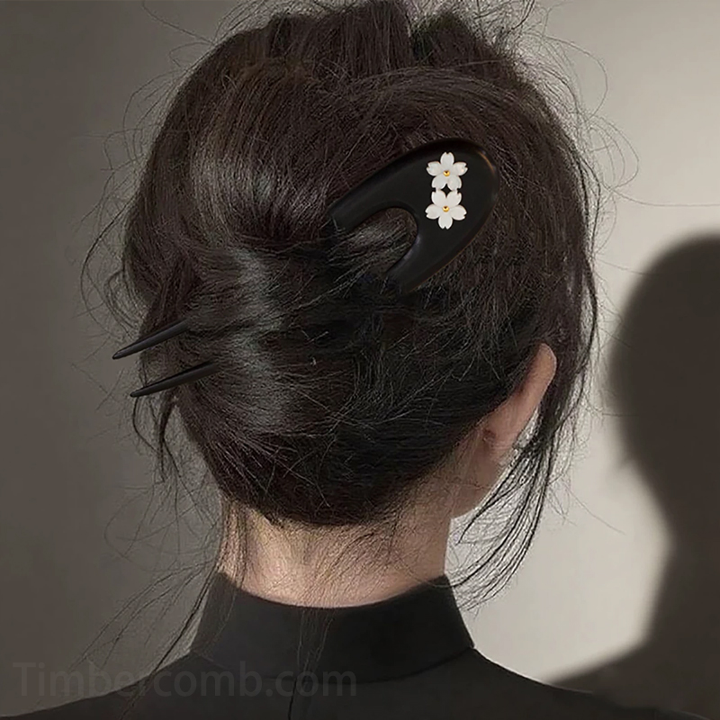 黒檀木製 u 字型かんざし 桜の花飾り 天然木 手作り 和風髪飾り 着物・浴衣・成人式に最適 上品ヘアアクセサリー