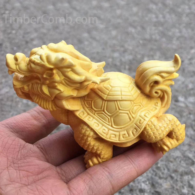 風水 龍亀（ロングイ）木彫り 置物 オブジェ 商売繁盛 開運グッズ 金運アップに 開運祈願 お守り 魔除け お礼 (桧木製)