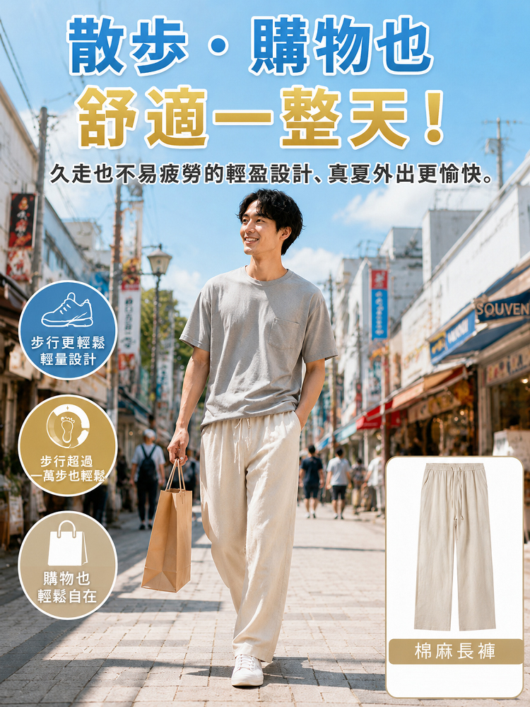 鬆緊腰男士棉麻褲