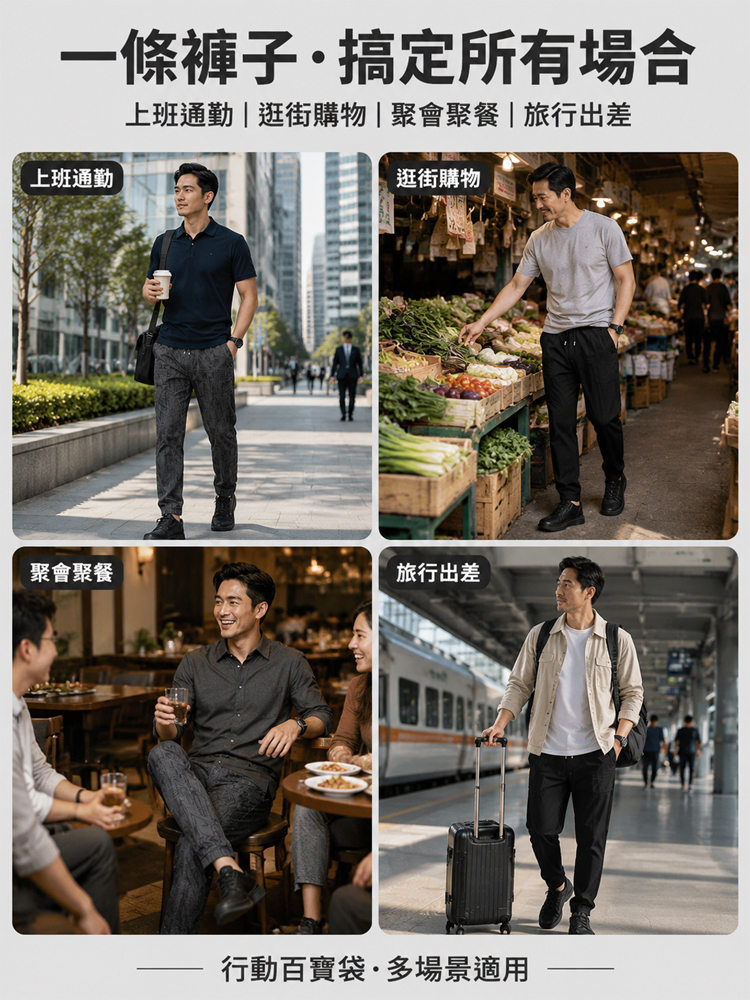 多口袋彈性男士休閒褲