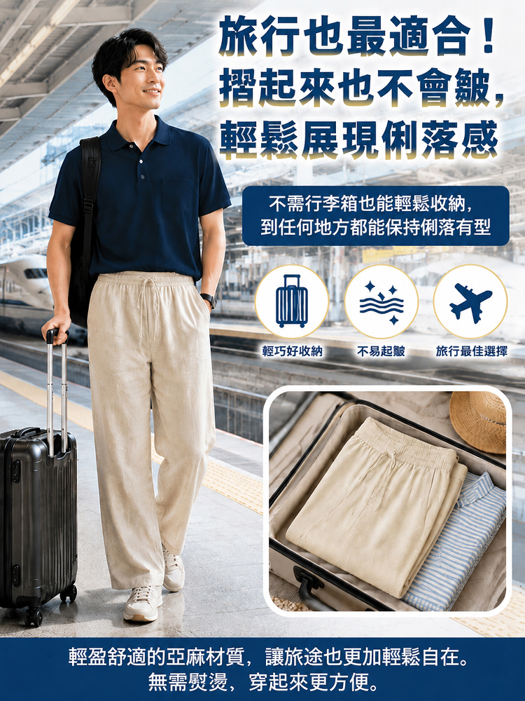 鬆緊腰男士棉麻褲