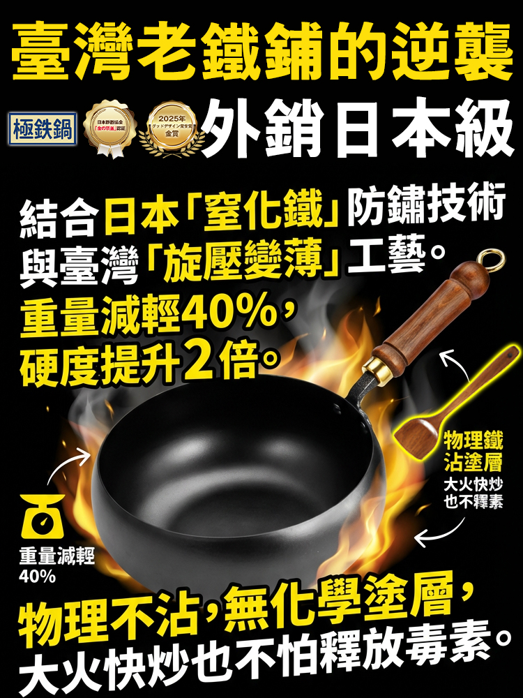 【臺日技術合作】窒化鐵・極輕量中華炒鍋（1.3kg手腕救星/物理不沾/附可視鍋蓋）