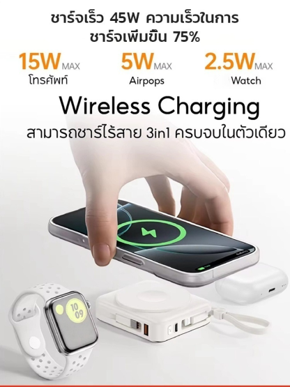 🔋พาวเวอร์แบงค์ 3-in-1 ชาร์จเร็วด้วยแม่เหล็ก | ความจุสูง 20000mAh | ชาร์จเร็ว 45W