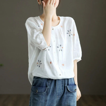 เสื้อแขนสั้นแขนบอลลูน ปักลายวินเทจ