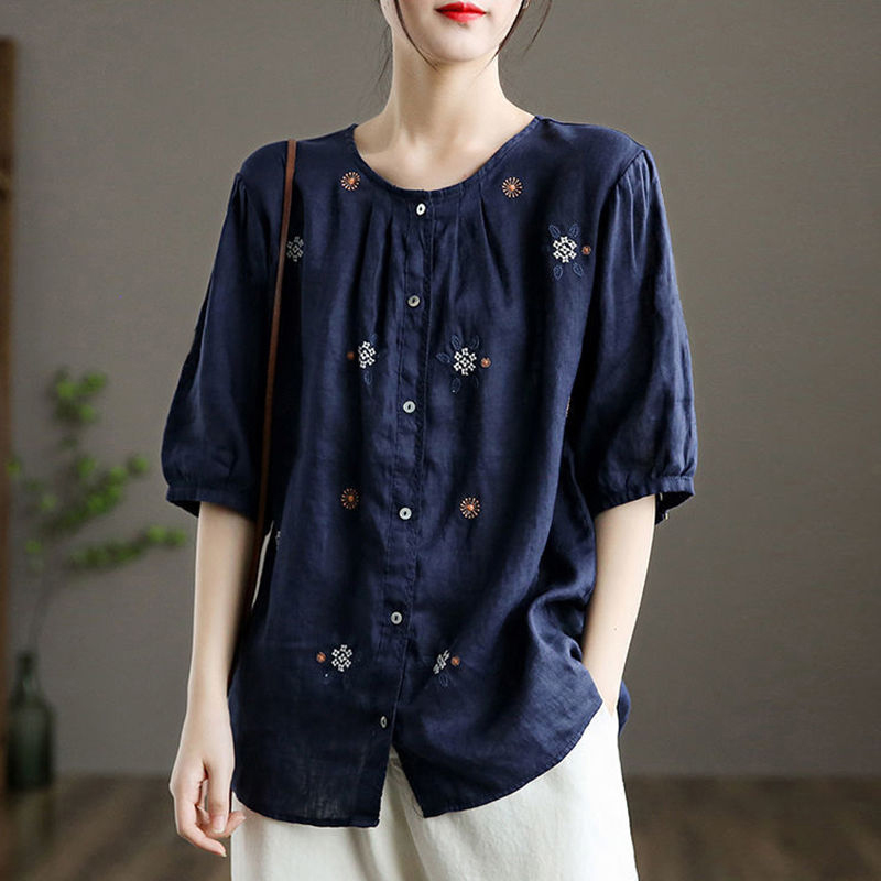 เสื้อแขนสั้นแขนบอลลูน ปักลายวินเทจ