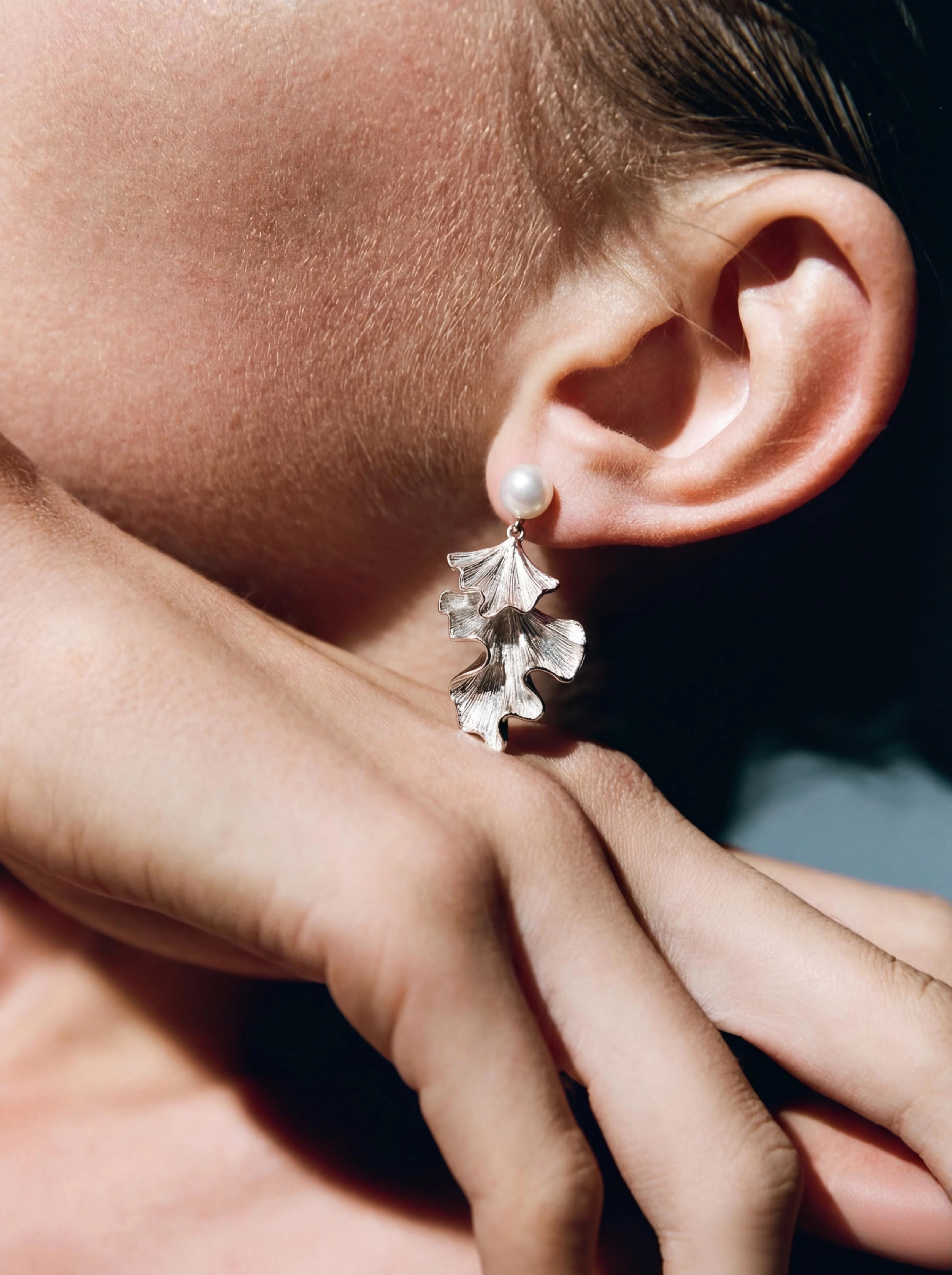 Ginkgo Leaf Silver Pearl Earrings