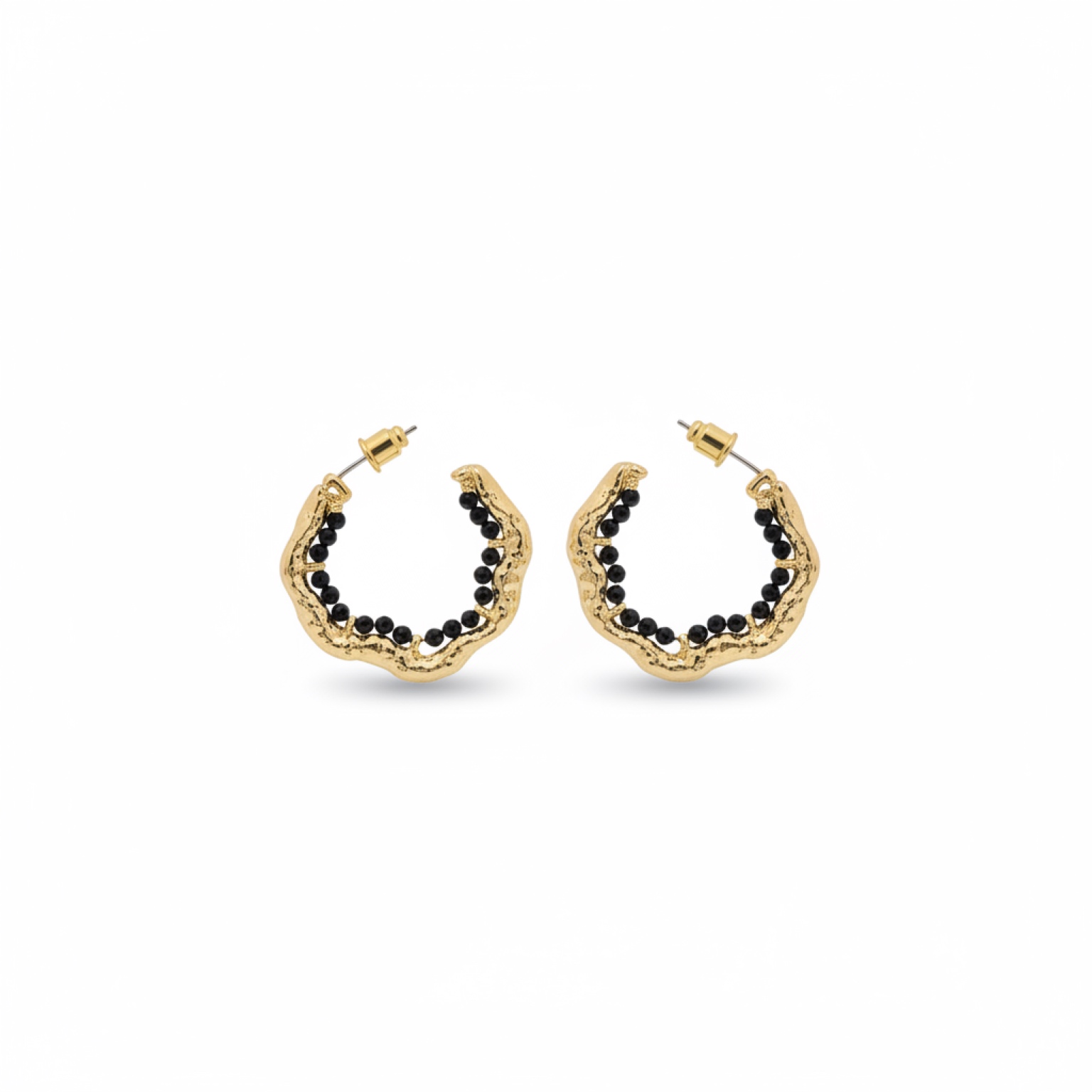 Geometric Gold Hoop Earrings with Black Agate