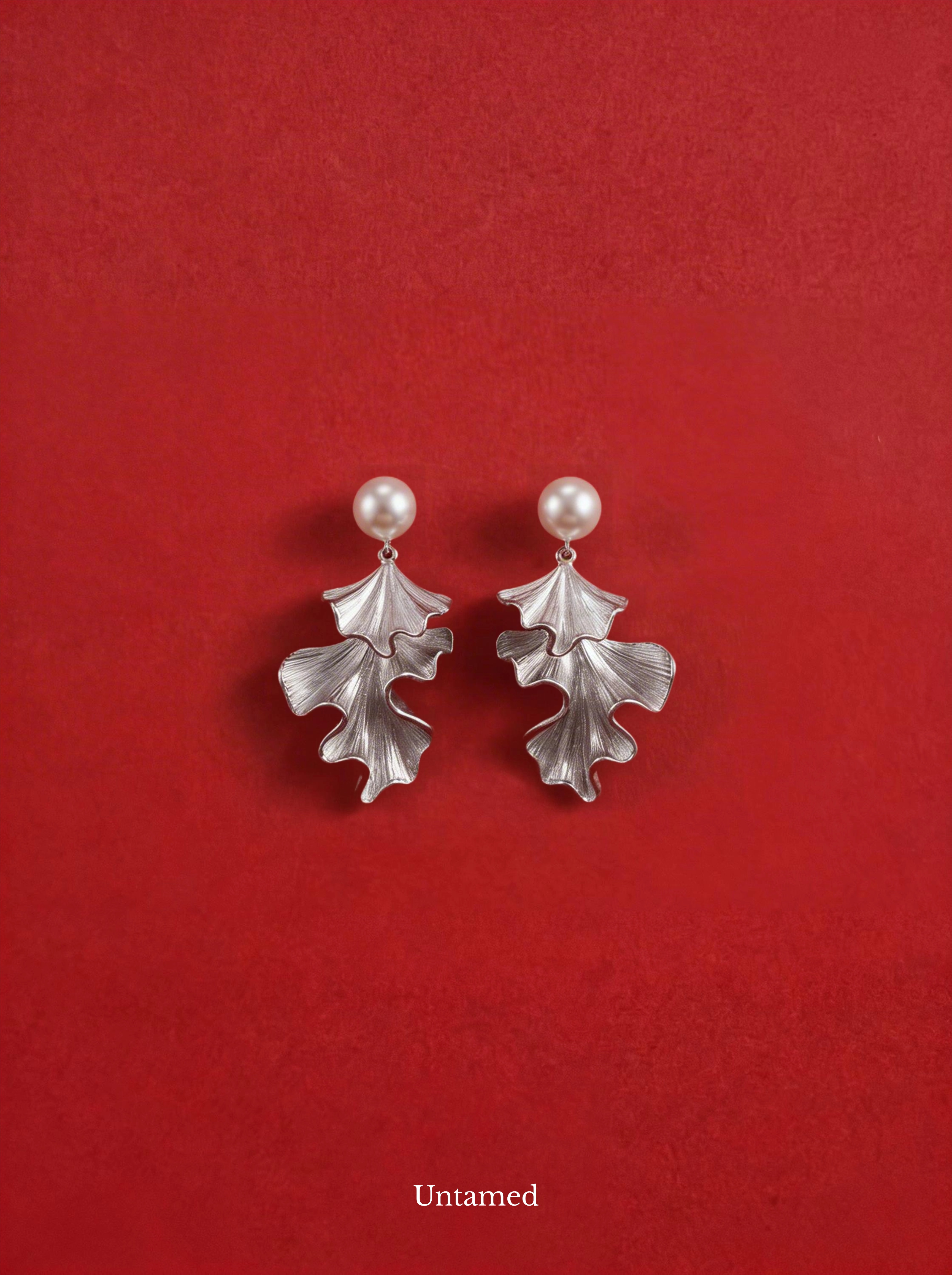 Ginkgo Leaf Silver Pearl Earrings