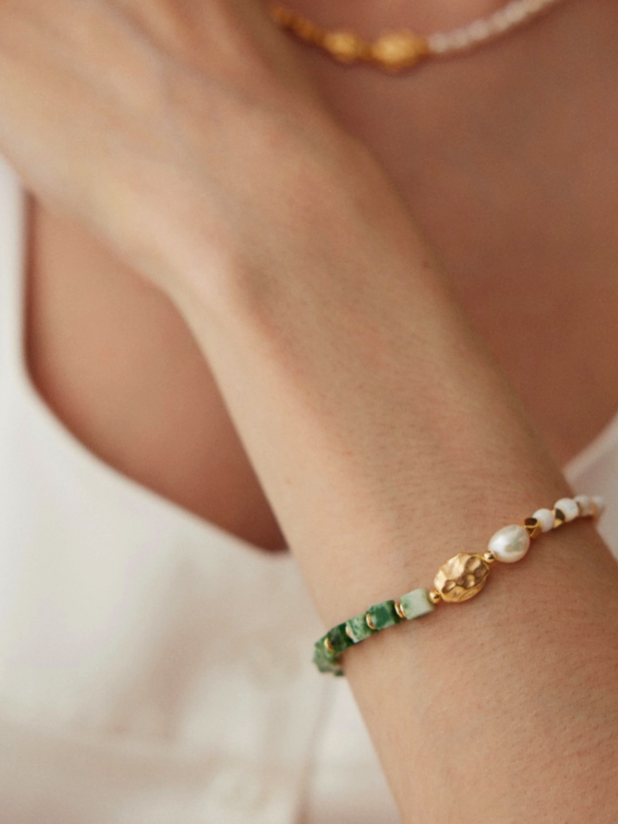 Pilgrim Trace | Gold Bracelet with Jade and Pearl