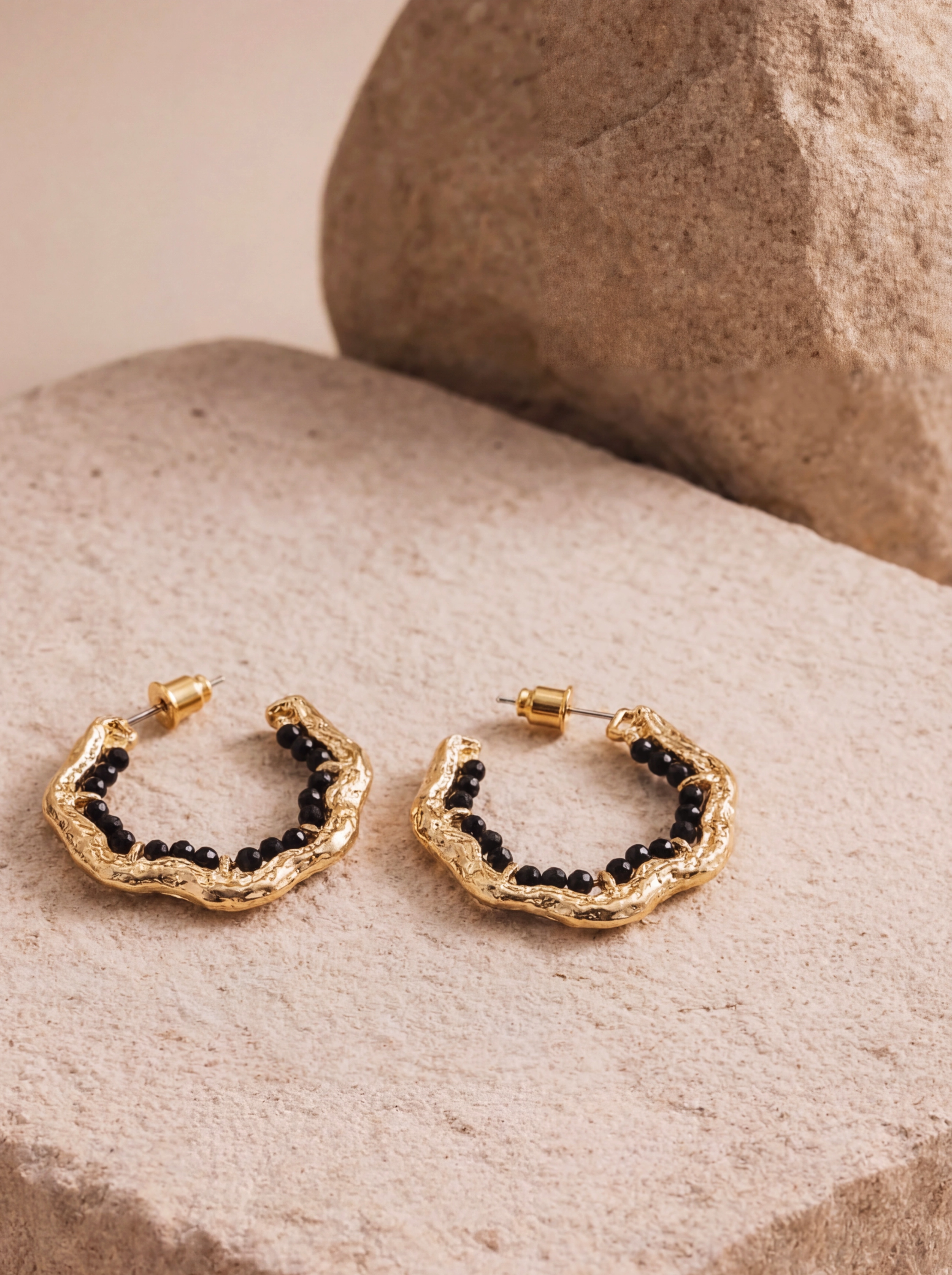 Geometric Gold Hoop Earrings with Black Agate