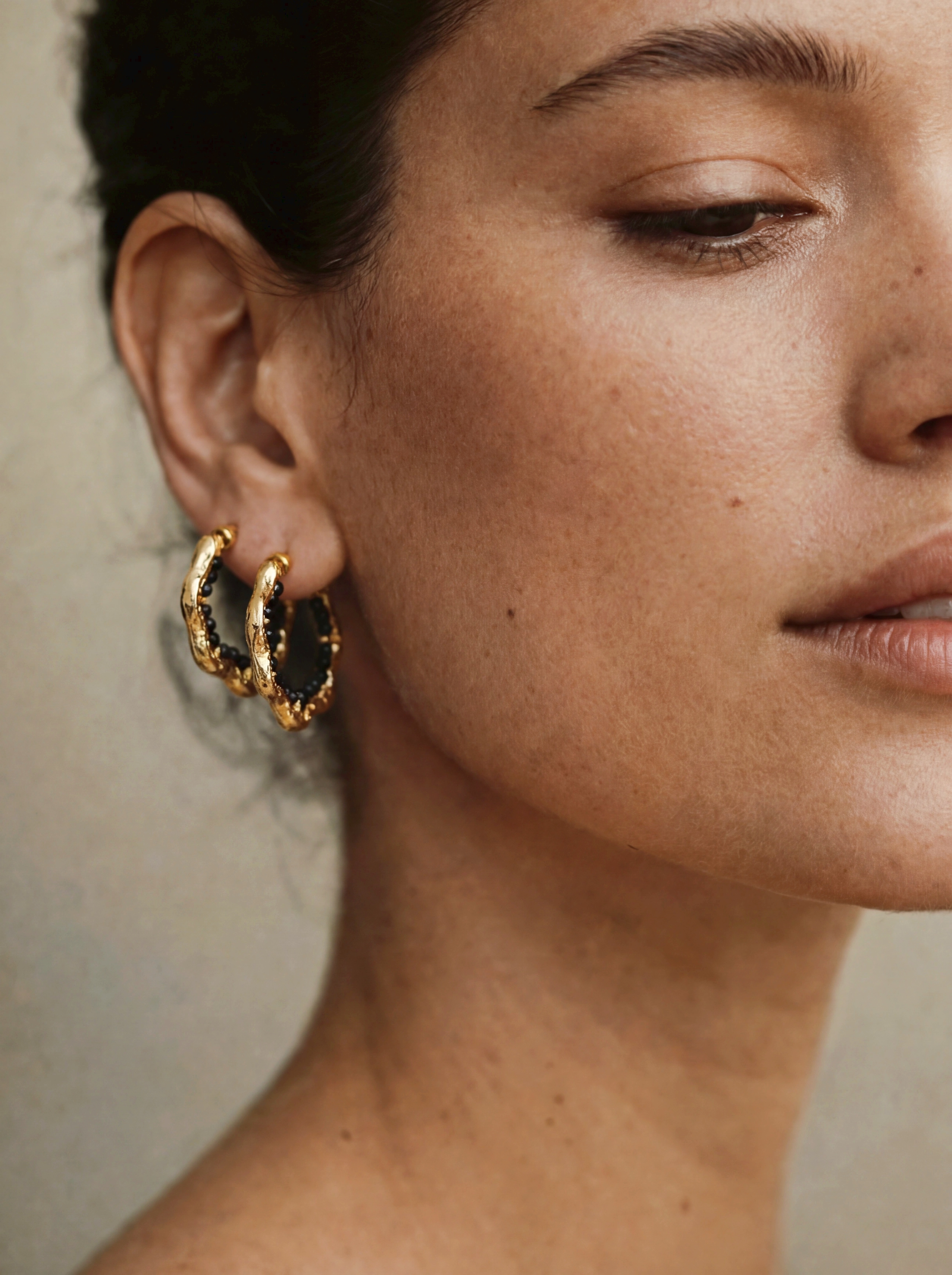 Geometric Gold Hoop Earrings with Black Agate
