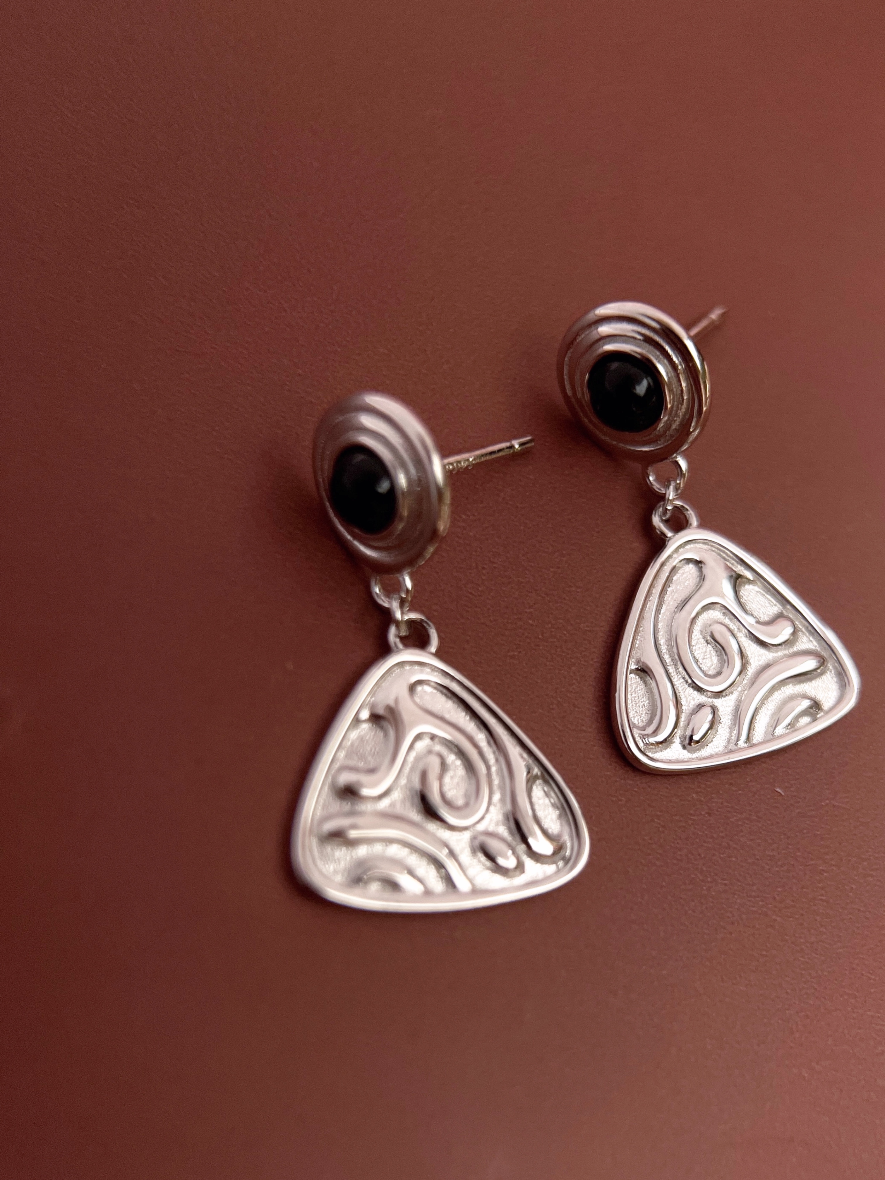 Black Agate Triangle Earrings
