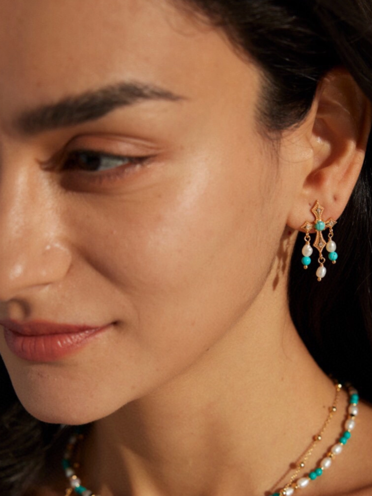Azure Oath | Dangle Cross Earrings with Turquoise and Pearls