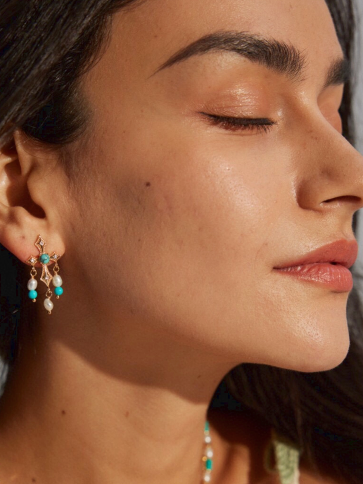 Azure Oath | Dangle Cross Earrings with Turquoise and Pearls