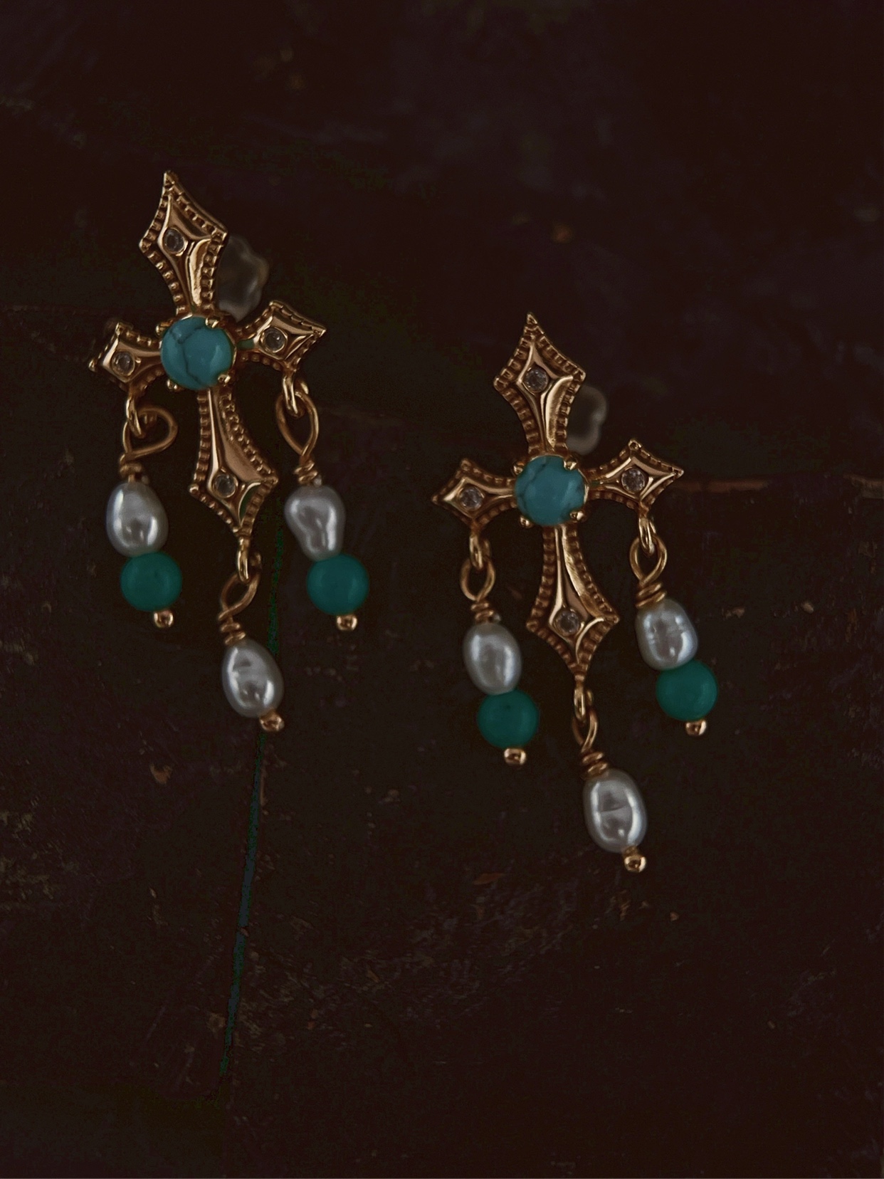 Azure Oath | Dangle Cross Earrings with Turquoise and Pearls