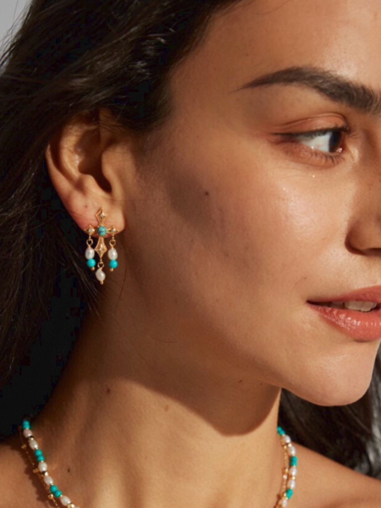 Azure Oath | Dangle Cross Earrings with Turquoise and Pearls