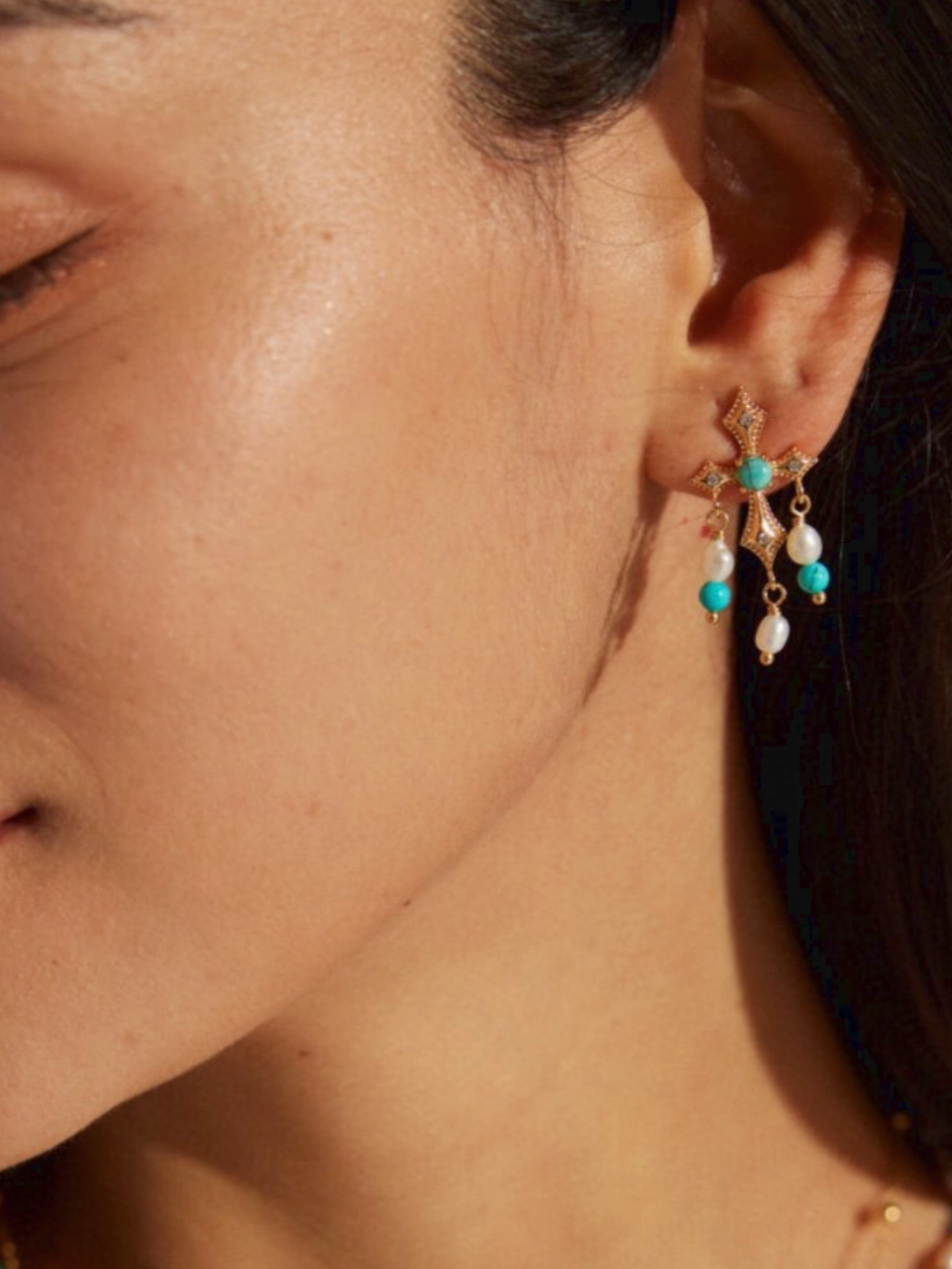 Azure Oath | Dangle Cross Earrings with Turquoise and Pearls