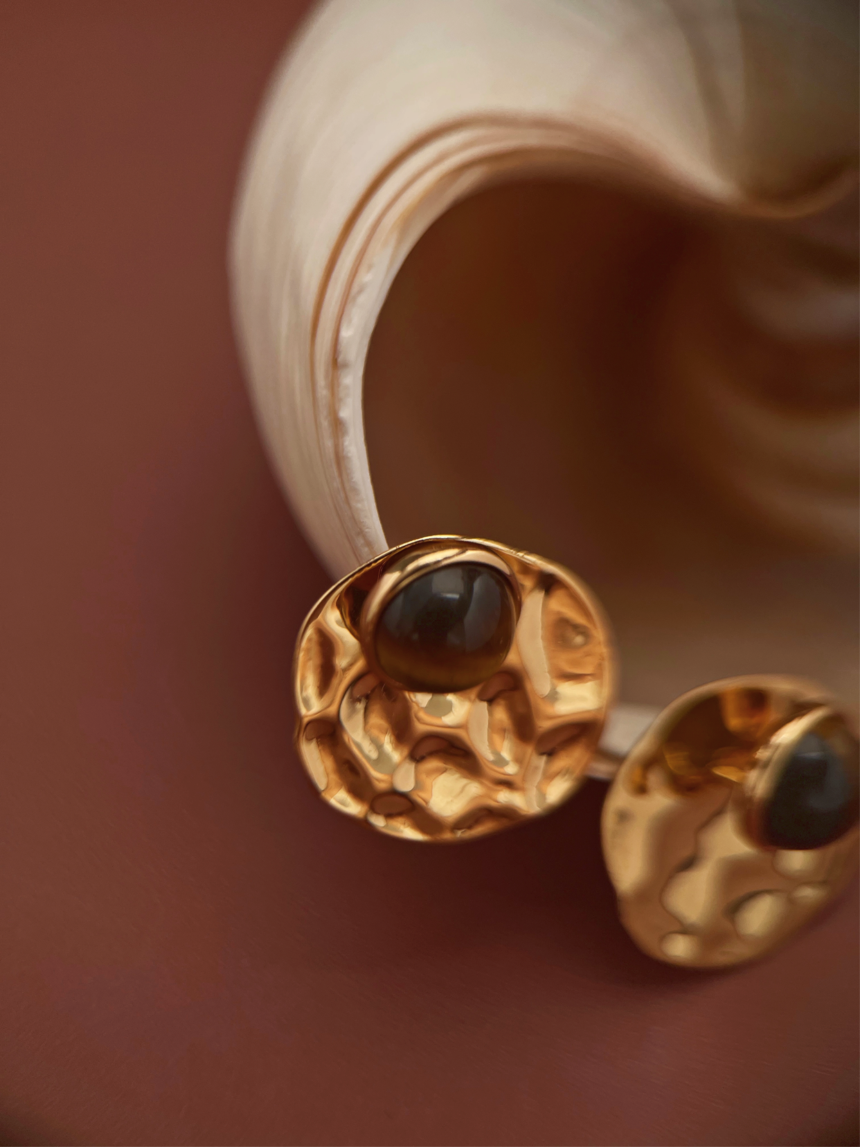 Gold Stud Jacket Earrings - Tiger’s eye