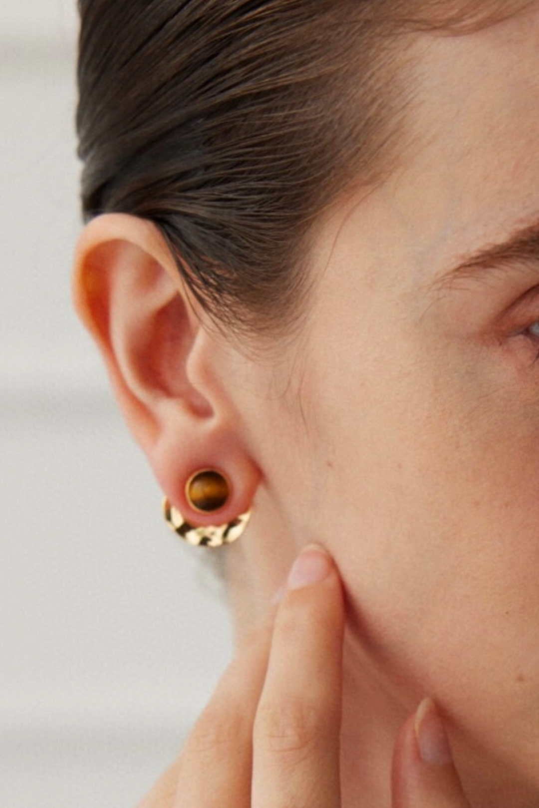 Gold Stud Jacket Earrings - Tiger’s eye