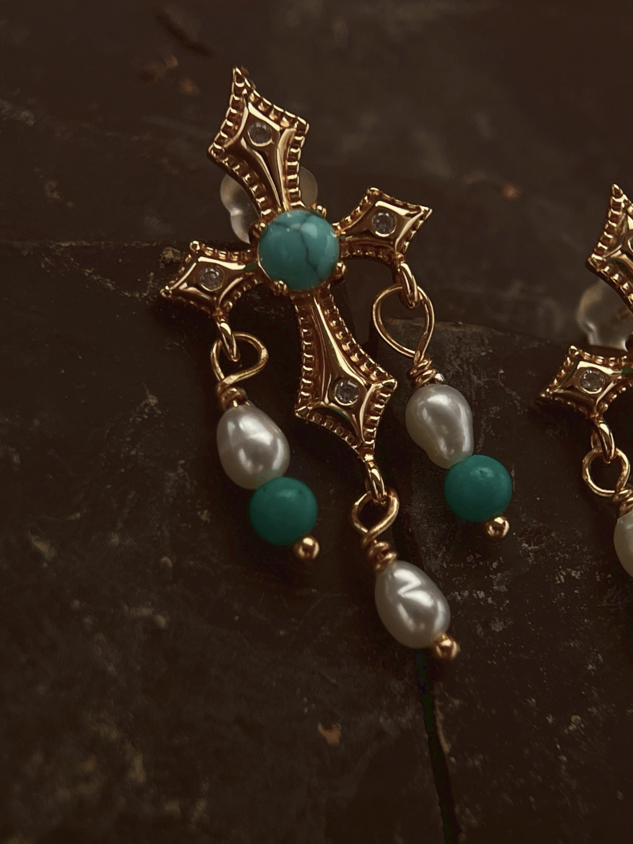 Azure Oath | Dangle Cross Earrings with Turquoise and Pearls