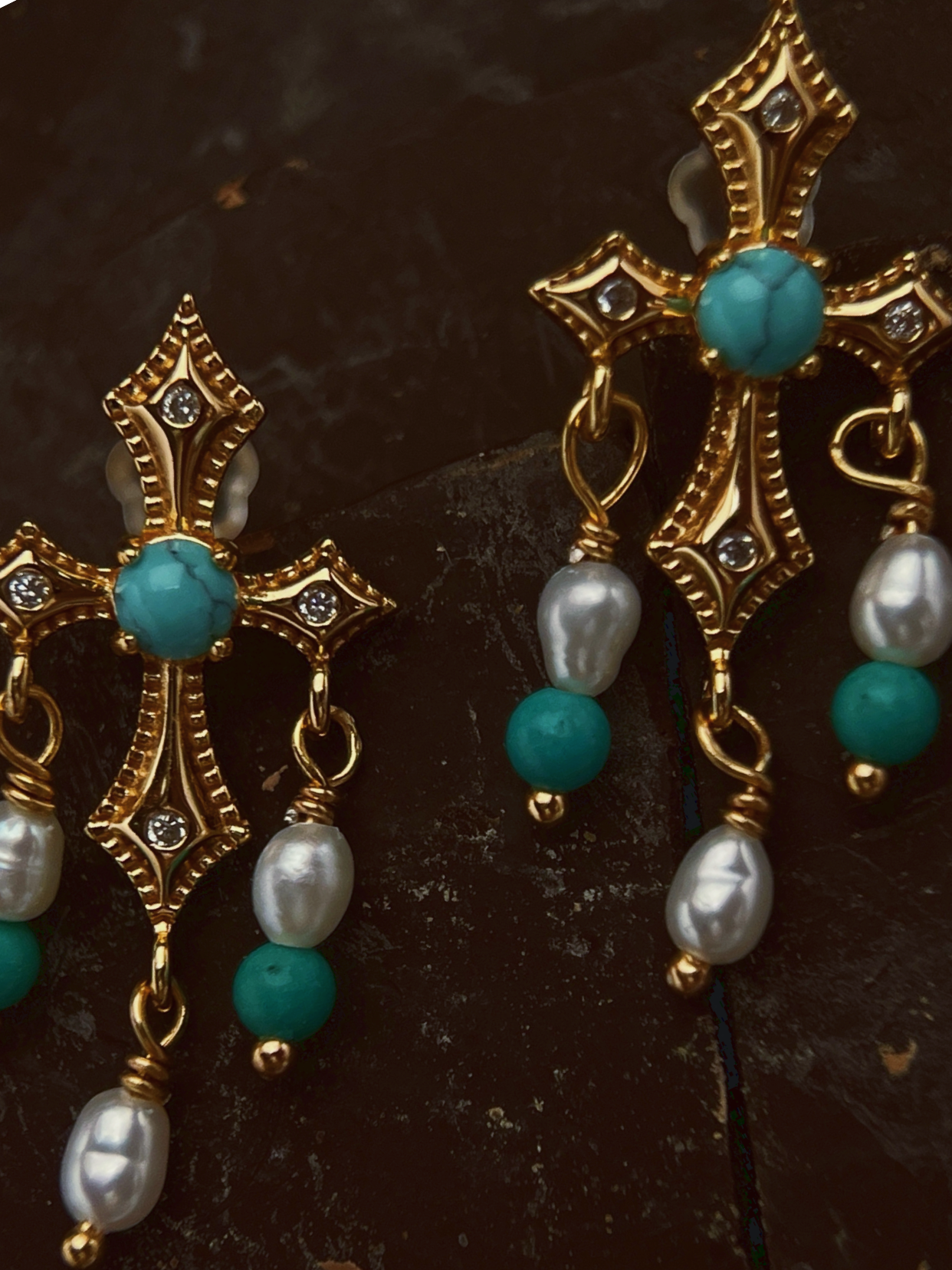 Azure Oath | Dangle Cross Earrings with Turquoise and Pearls