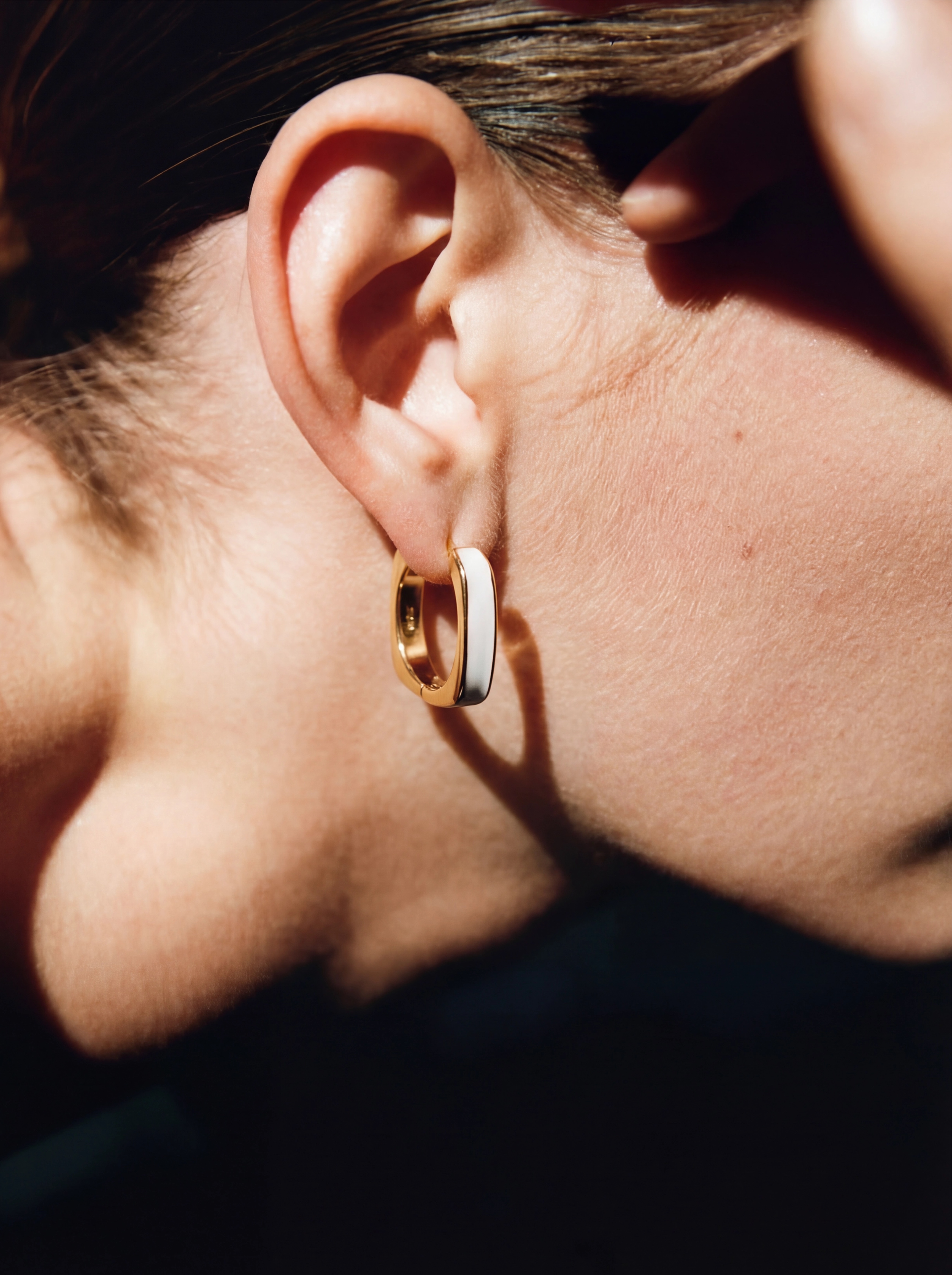 Gold Square Earrings with White Enamel